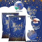 Pajean 100 Pcs Thank You Gift Bags Bulk Gold Dots Plastic Bags with Handles Black Goodie Treat Shopping Wrap for Birthday Party Favors Small Business Merchandise Graduation,6.7" x 9.8"(Blue Gold) - Image 4