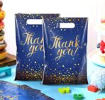 Pajean 100 Pcs Thank You Gift Bags Bulk Gold Dots Plastic Bags with Handles Black Goodie Treat Shopping Wrap for Birthday Party Favors Small Business Merchandise Graduation,6.7" x 9.8"(Blue Gold) - Image 5