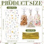 Sweetude 100 Pcs Wildflower Party Cellophane Treat Bags Floral Candy Plastic Clear Goody Bags Flat Bottom Gift supplies for Baby Shower Bridal Shower Birthday Wedding Party Favors,11 x 5 - Image 3