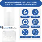 ASSUREPAK Easy Open - White Unprinted HDPE T-Shirt Bags 13"x10"x23" with handles – 500 Bags – 14 Microns - 1/5 BBL – Perfect for Supermarkets, Grocery Shopping and Store Purchases - Image 4