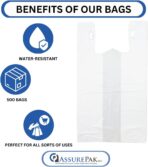 ASSUREPAK Easy Open - White Unprinted HDPE T-Shirt Bags 13"x10"x23" with handles – 500 Bags – 14 Microns - 1/5 BBL – Perfect for Supermarkets, Grocery Shopping and Store Purchases - Image 8