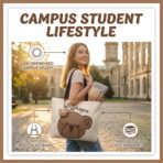 Cute Bear Canvas Tote Bag for Women, Aesthetic Reusable Grocery Bag with Zipper Closure and Inner Pocket, Durable Cotton Shoulder Bag for Shopping Travel Beach - Image 5