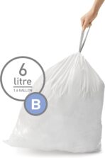 simplehuman Code B 150 Count, Dispenser Packs Custom Fit Liners, Drawstring Trash Bags, 6 Liter / 1.6 Gallon, White - Image 3