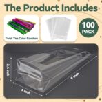 NPLUX 100 Pack Cellophane Bags Clear Flat Bottom Cellophane Treat Bags Gusseted with 100 Pack Twist Ties for Candy Popcorn Cookie Small Gift Wrapping(6×9×2.4 Inches) - Image 4