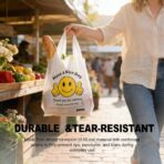 Thank You Plastic Bags with Handles 11.5 x 6.5 x 21″, 0.55 Mil HDPE T-Shirt Grocery Bags, Smiley Thumbs Up Design, Semi-Transparent White, 25 Count, Plastic Shopping Bags for Small Business - Image 6