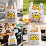 Thank You Plastic Bags with Handles 11.5 x 6.5 x 21″, 0.55 Mil HDPE T-Shirt Grocery Bags, Smiley Thumbs Up Design, Semi-Transparent White, 25 Count, Plastic Shopping Bags for Small Business - Image 9