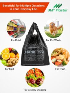 1000 Count Black Thank You Plastic T-Shirt Bags with Handles, 10.5" x 5.5" x 17.5" (1/8 Size), 14 Mic Plastic Grocery Bags for Retail, Shopping, Takeout, Convenience Stores & Small Trash Bags - Image 3