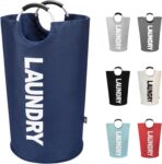 DOKEHOM 90L Large Laundry Basket, Collapsible Laundry Bag, Freestanding Tall Clothes Hamper, Foldable Washing Bin (Dark Blue) - Image 2