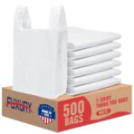 Fuxury (500 Pack) Plain White Plastic Bags with Handles for Small Business in Bulk, T Shirt Shopping Bag for Restaurant, Grocery, Kitchen Trash, Retail Merchandise and Store Bags (11.5x 6.5 x 21”) - Image 2