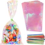 HRX Package 120pcs Iridescent Cellophane Treat Bags with Ties, 6x12 inch Holographic Plastic Goody Bags for Candy Party Favors Small Gifts - Image 2