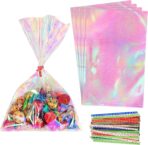HRX Package 120pcs Iridescent Cellophane Treat Bags with Ties, 6x9 inch Holographic Plastic Goody Bags for Candy Party Favors Small Gifts - Image 2
