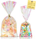 Labeol 100pcs Iridescent Cellophane Bags Goodie Candy Gift Bags 5×11 4×9.5 Valentines Day Treat Bags with Ties Clear Holographic Party Favor Wraps Easter Christmas - Image 2