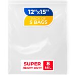 Large 12" x 15" Reclosable Poly Zip Seal Lock Bags, 8 Mil Thickness, Pack of 5 Clear Resealable Bags with Extra Durability, Waterproof Heavy-Duty - Image 2