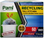 PAMI Recycling Tall Kitchen Drawstring Trash Bags- Extra-Strong Plastic Garbage Bags- Thick Trash Can Liners For Kitchen & Outdoor Bins- 2ft x2ft Unscented Trash Bags (13 Gallon – 60 Count – Clear) - Image 2