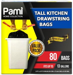 PAMI Tall 13-Gallon Kitchen Drawstring Trash Bags [80-Pack, Black] - Extra-Strong Plastic Garbage Bags- Thick Trash Can Liners For Kitchen, Bathroom & Outdoor Bins- 2ft x2ft Unscented Trash Bags - Image 2