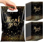 Pajean 100 Pcs Thank You Gift Bags Bulk Black and Gold Plastic Bags with Handles Black Goodie Treat Shopping Wrap for Birthday Party Favors Small Business Merchandise Graduation, 6.7" x 9.8" - Image 2