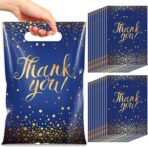 Pajean 100 Pcs Thank You Gift Bags Bulk Gold Dots Plastic Bags with Handles Black Goodie Treat Shopping Wrap for Birthday Party Favors Small Business Merchandise Graduation,6.7" x 9.8"(Blue Gold) - Image 2