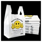 Thank You Plastic Bags with Handles 11.5 x 6.5 x 21″, 0.55 Mil HDPE T-Shirt Grocery Bags, Smiley Thumbs Up Design, Semi-Transparent White, 25 Count, Plastic Shopping Bags for Small Business - Image 2