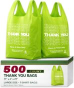 YoYoRain 500 Count Plastic T-Shirt Bags, 11" x 6" x 21", Green, Grocery & Take-Out Shopping Bags for Small Business - Image 2
