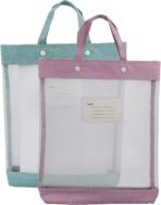 enyuwlcm Nylon Document Bag with Handle Light Transparent Mesh File Tote Bag Pouch for Carrying Books Papers (2, Pink&Green) - Image 2