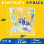 Extra Large 20" x 20" Reclosable Poly Zip Seal Lock Bags, 8 Mil Thickness, Pack of 5 Clear Resealable Bags with Extra Durability, Waterproof Heavy-Duty - Image 3