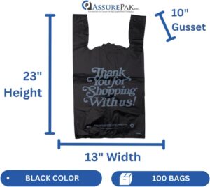 ASSUREPAK Black 'Thank You' HDPE T-Shirt Bags with Handles - 100 Bags – 1/5 BBL Size 13"x10"x23" – 21 Microns – Thank You Shopping Bags for Retail, Takeout, Restaurant Supplies - Image 3