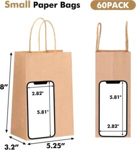OUTUXED 60pcs 5.25x3.2x8in Small Gift Bags, Brown Paper Bags with Handles Bulk for Gift, Shopping, Birthday, Wedding, Business Party (Kraft) - Image 3