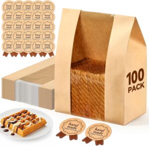 AOZITA 100 Pack Paper Bread Bags for Homemade, Bread Bags with Window for Sourdough Bread Storage, 13.7x8.3x3.5 Inch, Includes Seal Stickers - Image 2