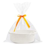 Pro Goleem Small Woven Easter Basket with Gift Bags and Ribbons Durable Burr Baskets for Gifts Empty Small Rope Basket for Storage 12"X 8" X 5" Baby Toy Baskets with Handles, White - Image 2