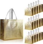 cabzymx 16 Pcs Glossy Gold Reusable Gift Bags, Metallic Bling Design Holiday Goodie Bags with Handles & Bases, Non-woven Gift Bag Bulk for Birthday, Wedding, Parties, Graduation- 12.6x4.7x11 In - Image 2